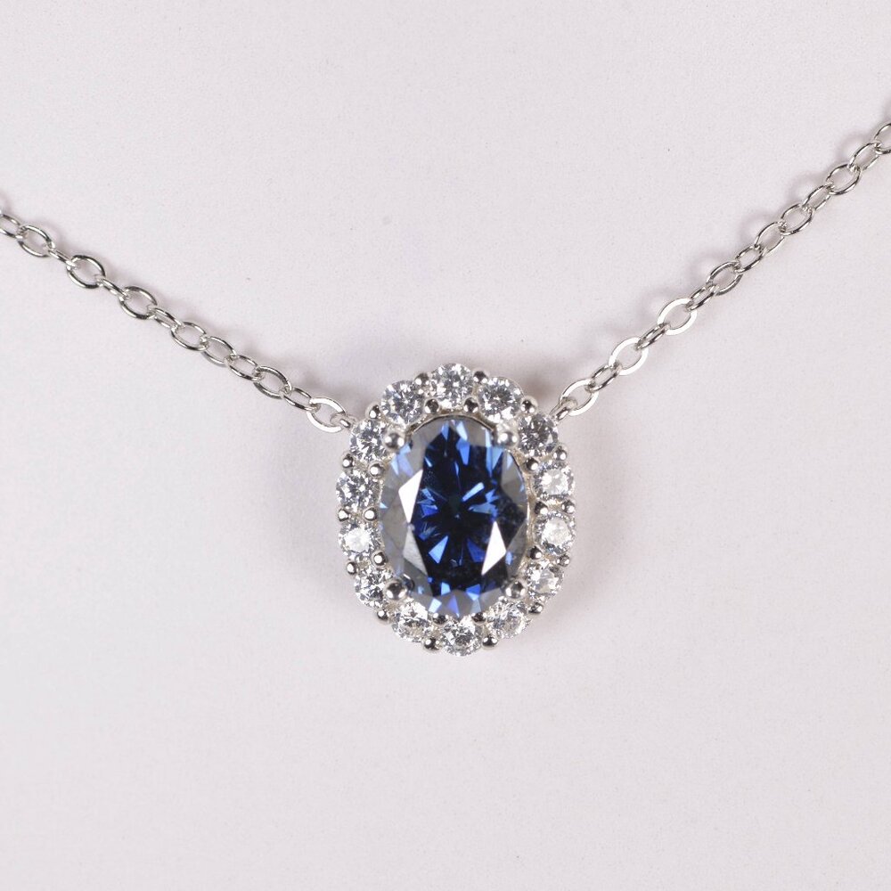 Certified Elegant Halo Royal Blue Moissanite Pendant 18" 925 Sterling